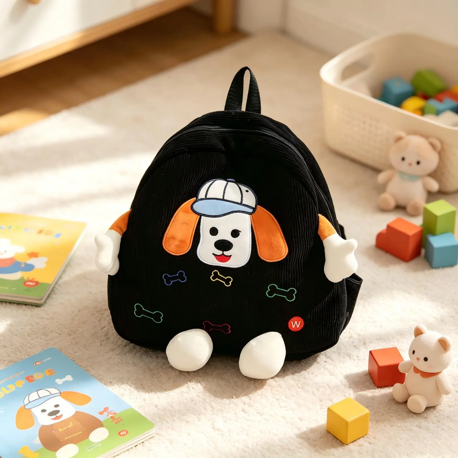 Cute 3D Dog Corduroy Toddler Backpack, Lightweight Kids Kindergarten School Bag for Little Boys Girls, Adjustable Straps Small Daycare Travel Backpack, Polyester, Dustproof