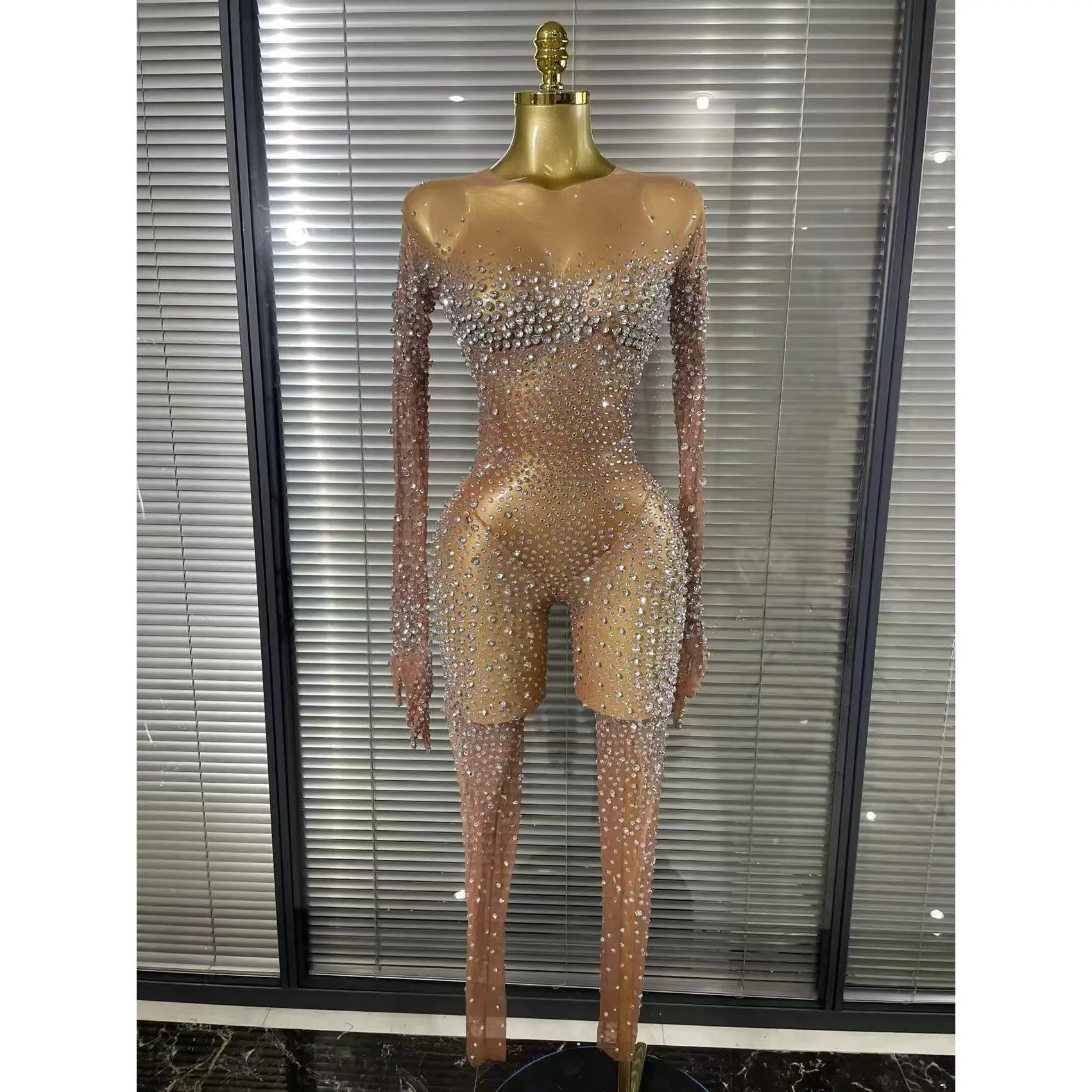 Luxury Rhinestones Bodycon Jumpsuit Sexy Women Mesh See Through Birthday Gown Women Bar Nightclub Dancer Stage Outfit