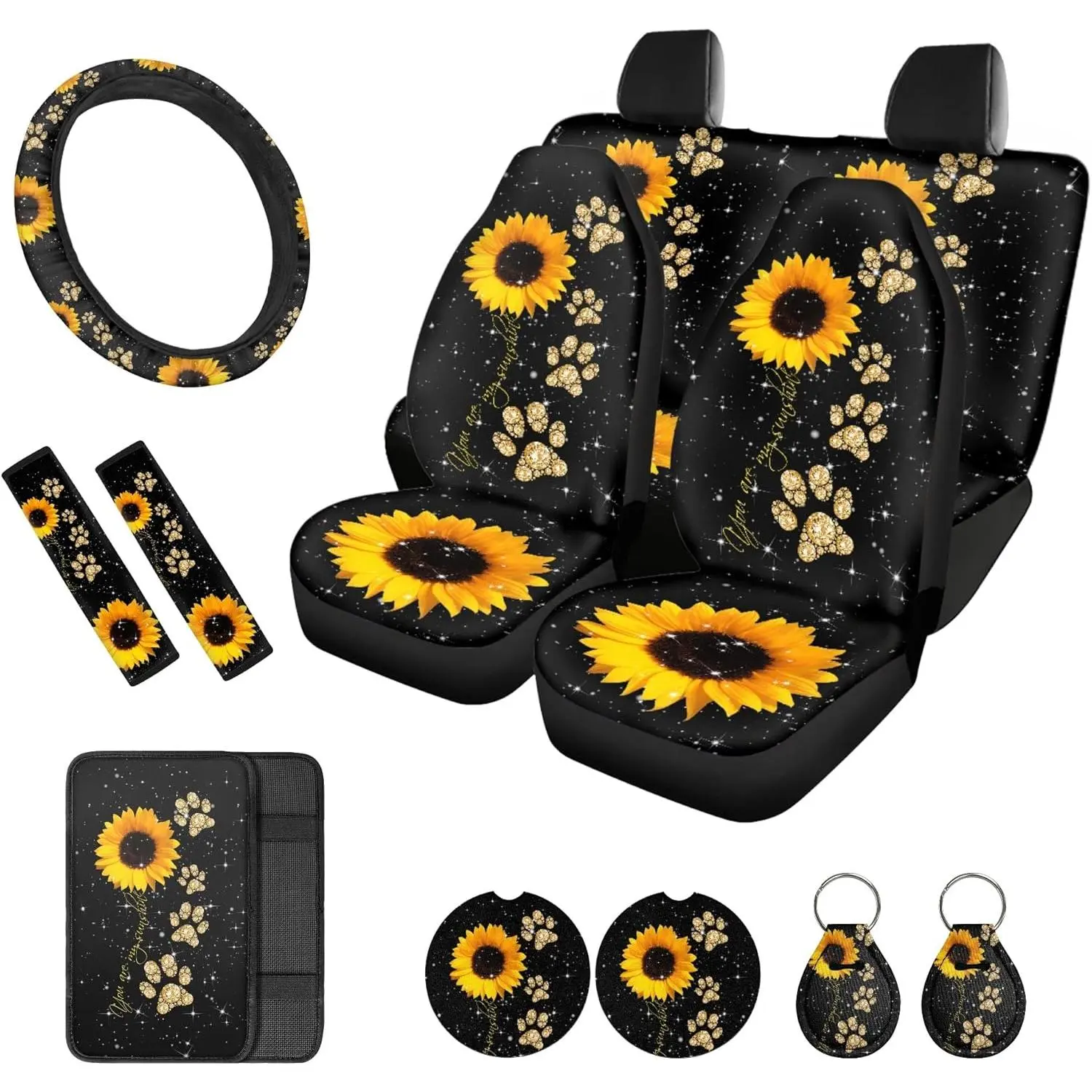 Sunflower with Paws Car Seat Covers Full Set for Women Sunflower Car Accessories for Women Neoprene Steering Wheel Cover Car Armrest Pad Cover Seat Belt Pads Cup Coasters Keychain