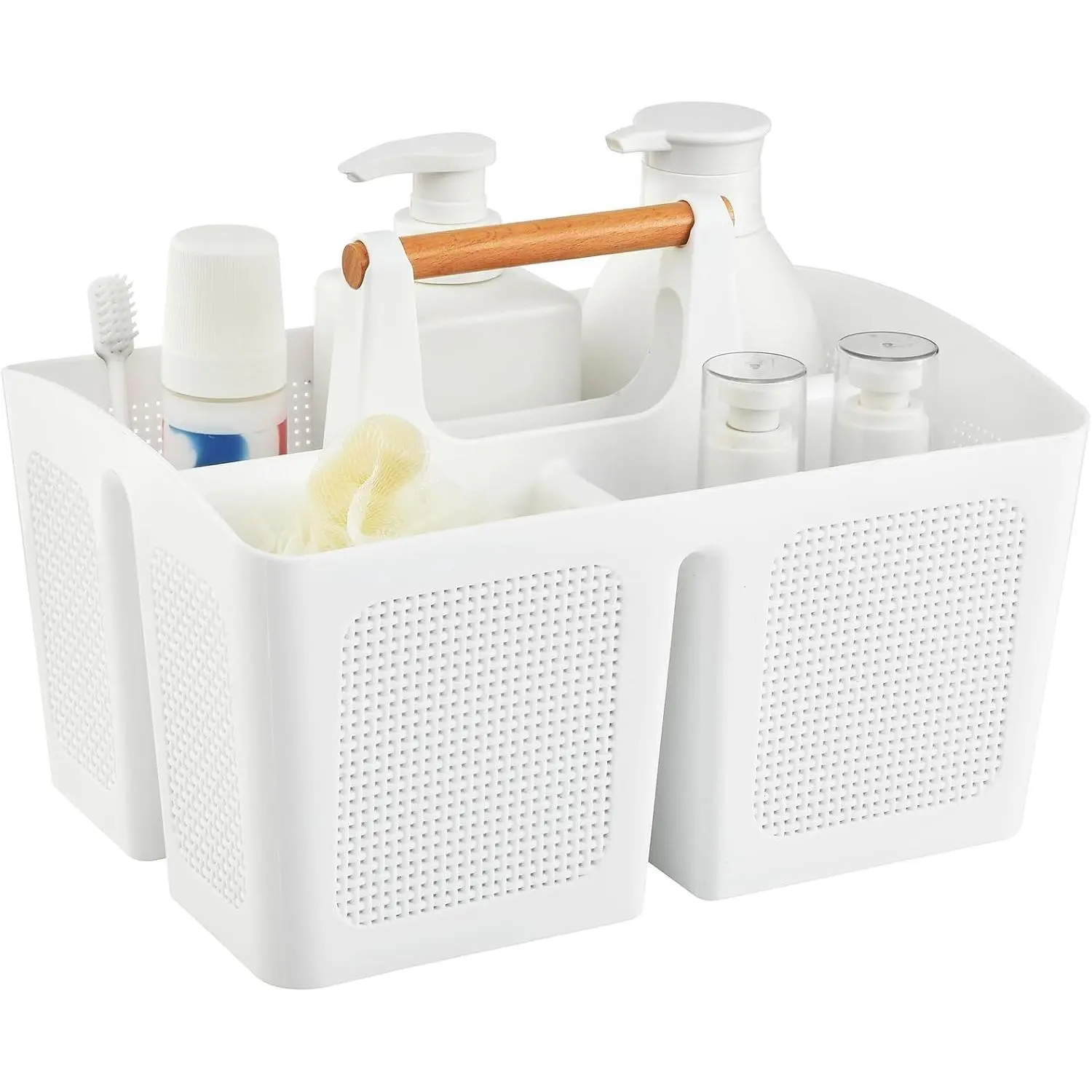 Portable Shower  Basket with Compartments, Plastic Divided Cleaning  Organizer Storage Tote with Handle for Bathroom, College, Dorm Room Essentials, White