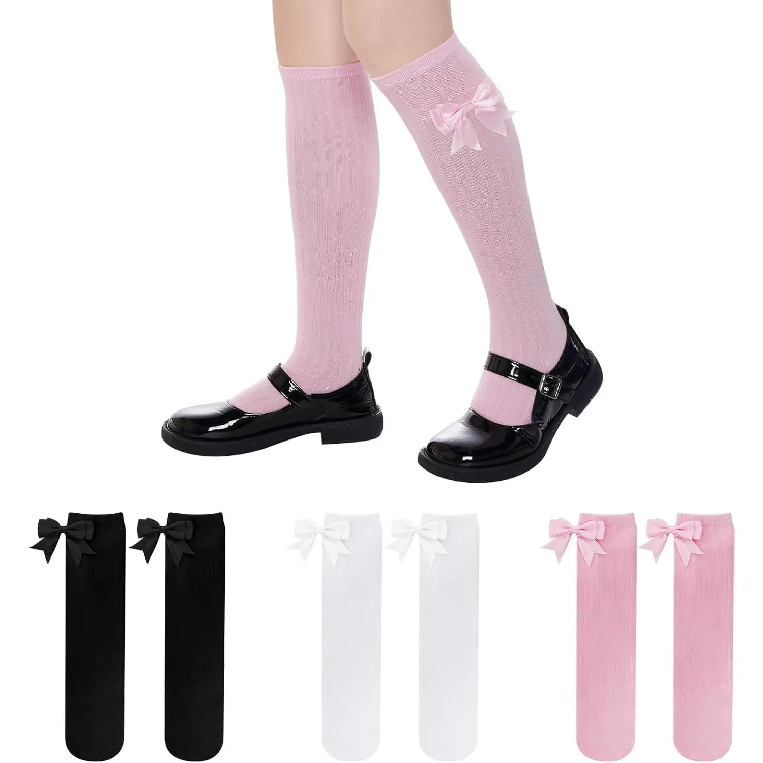 3 Packs Girls Bow Knee High Socks 4 to 12 Year School Uniform Dress Socks