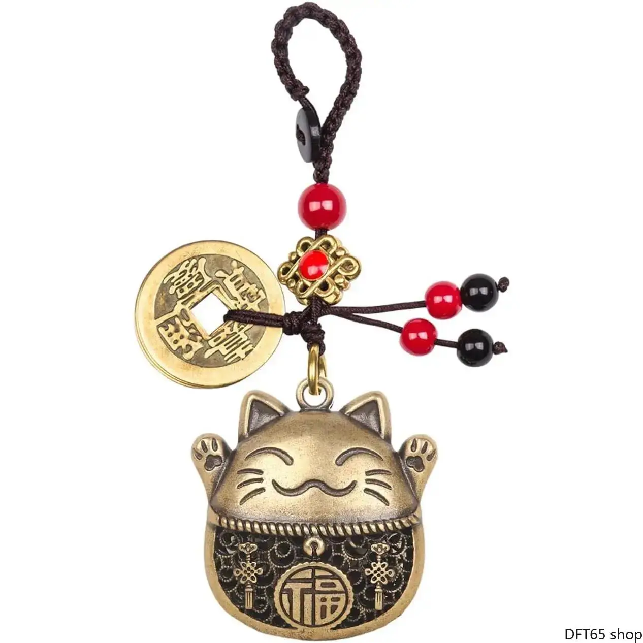 Brass Maneki Neko Lucky Cat Pendant Keychain - Inlaid Feng Shui Coin, Soft Fabric Tassel, Fixed Split Ring, Compact Light Silhouette - Bag Accessory for Women’s Handbag/Purse, Parents, Lovers - Safety-Focused Good Luck Decor