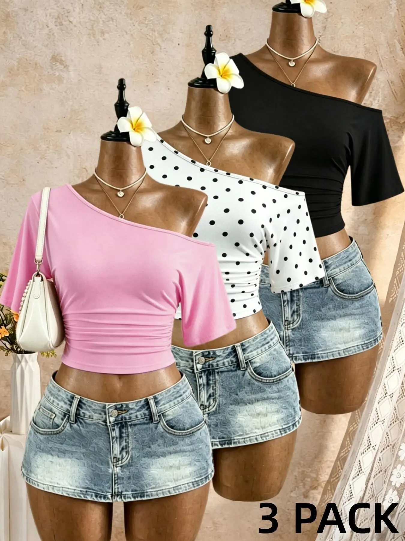 3-Pack Asymmetrical Shoulder Pleated Mid- Sleeve Short T-Shirts, Streetwear Date Wear, Show Waist Slimming Top, Trendy Ladies' Clothing, Casual Chic, Casual Daily Tops