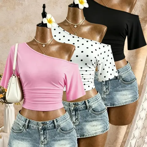 3-Pack Asymmetrical Shoulder Pleated Mid- Sleeve Short T-Shirts, Streetwear Date Wear, Show Waist Slimming Top, Trendy Ladies' Clothing, Casual Chic, Casual Daily Tops