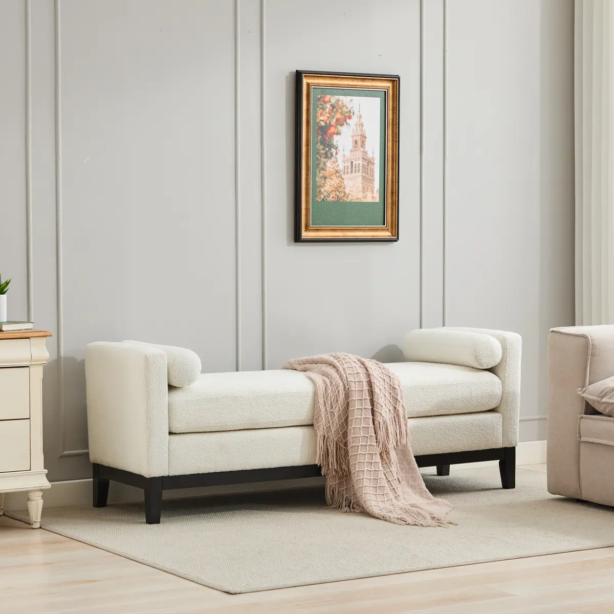 Modern Upholstered Boucle Fabric End of Bed Bench with Arms - 66.34"w x 20.87"d x 24.8"h, Ivory/Black Fluted Wood Frame, 6.89" High Legs, 2 Bolsters, Foam, Fashionable Round Pillow Design, 450 lbs Capacity, Assembly Required for Bedroom, Entryway, Foyer,