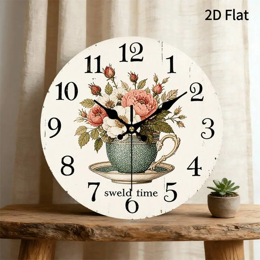 10in-12in Round Blush Pink Rose Floral Wooden Design Analog Clock - Vintage Retro Wall Clock, Shabby Chic Cottage Bedroom Decor, Easy Assembly Home Supply, Shows Time