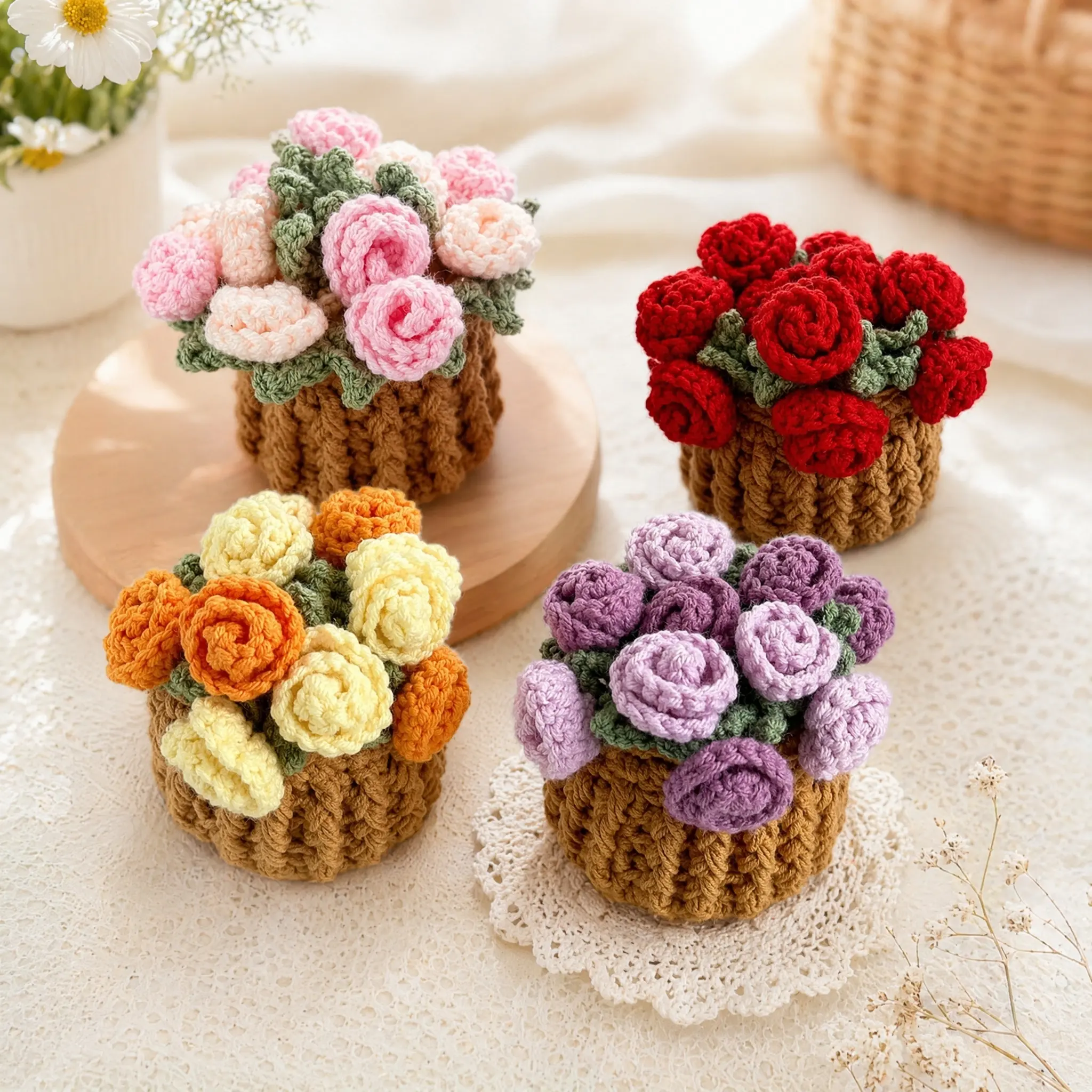 Handmade Crochet Flower Bouquet Coaster, Yarn Knitted Flower Cup Transform Bouquet, Gift for Mom Grandma, Valentine's Day Decor, Room Decor-YY1
