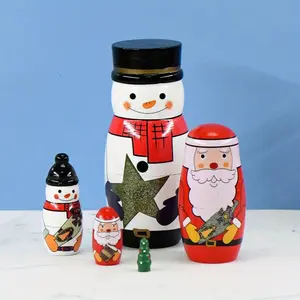 Five-Layer Russian Nesting Dolls Christmas Snowman Fun Painted Wooden Craft Creative Home Decor Gift Festive Atmosphere Decoration
