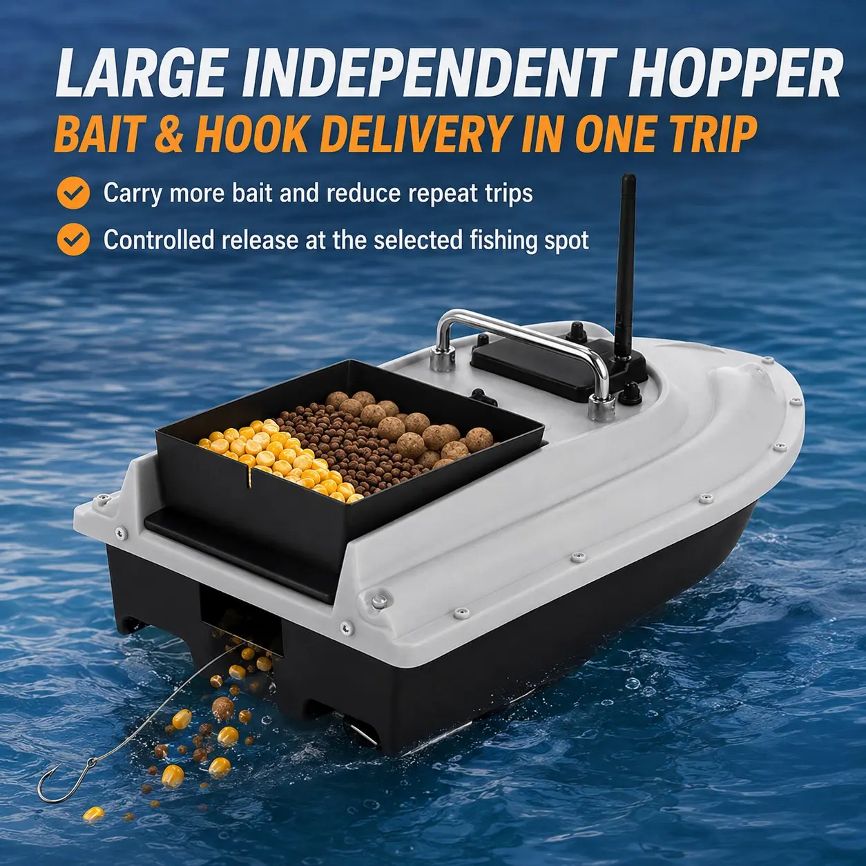 Fishing Tool Bait Boat, Fishing Tackle, Sends Bait 500m Into Water, Large Capacity Bin Holds 2kg Bait, 13500mah Battery, Single Compartment Design