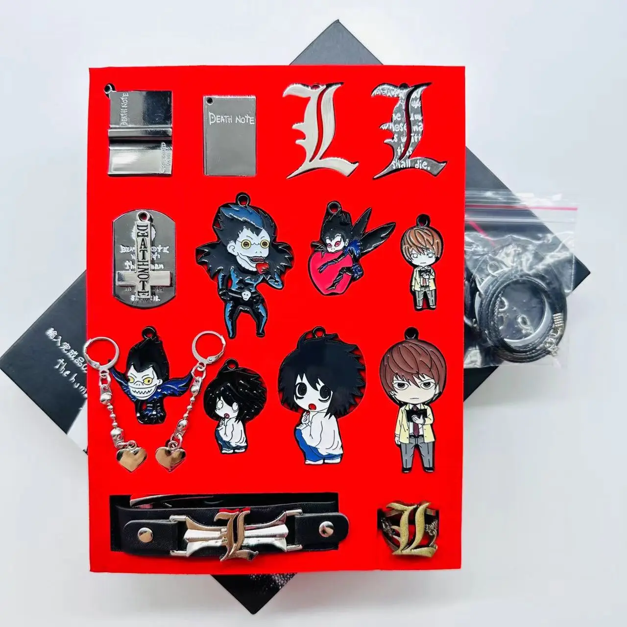 Anime Death Note Complete Accessories Set - Multi-Piece Metal-Coated Costume Jewelry Kit with 2D Character Art, L Lawliet, Light Yagami, Ryuk Enamel Keychains, Pins, Dog Tag Pendant, Bracelets, Ring & Jewelry Box for Cosplay Fans