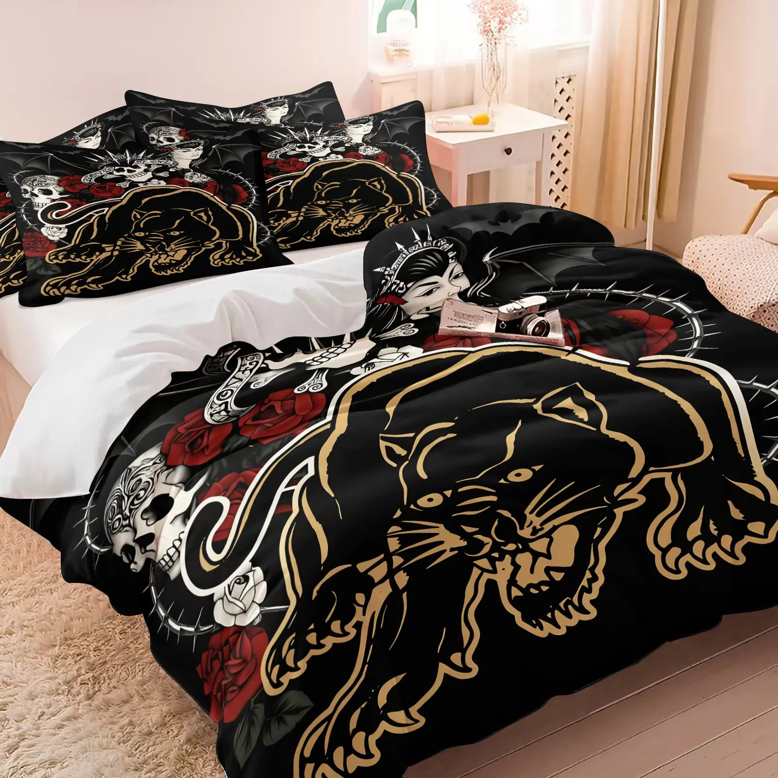 3PCS Old School Tattoo Black Panther Duvet Cover Set (1 Duvet Cover + 1-2 Coreless Pillowcases), Retro Skull Rose Gothic Lady Pattern, Soft Comfy All Seasons Bedding Set,Ideal for Dark Rock Streetwear Bedroom Decor, Print Bedding Set