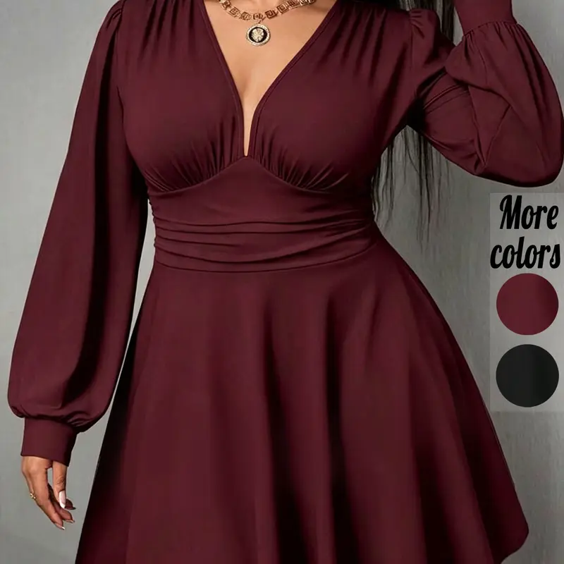 Plus‑Size 1 Piece Deep V‑Neck Balloon Long Sleeve Ruched Waist Flare Mini Dress, Night Out, Soft Stretch Fabric, Tummy‑Control Gathered Waist Detail, For Curvy Women, Ideal for Date Night, Club Cocktail Party, TikTok Viral Must‑Have, Fit