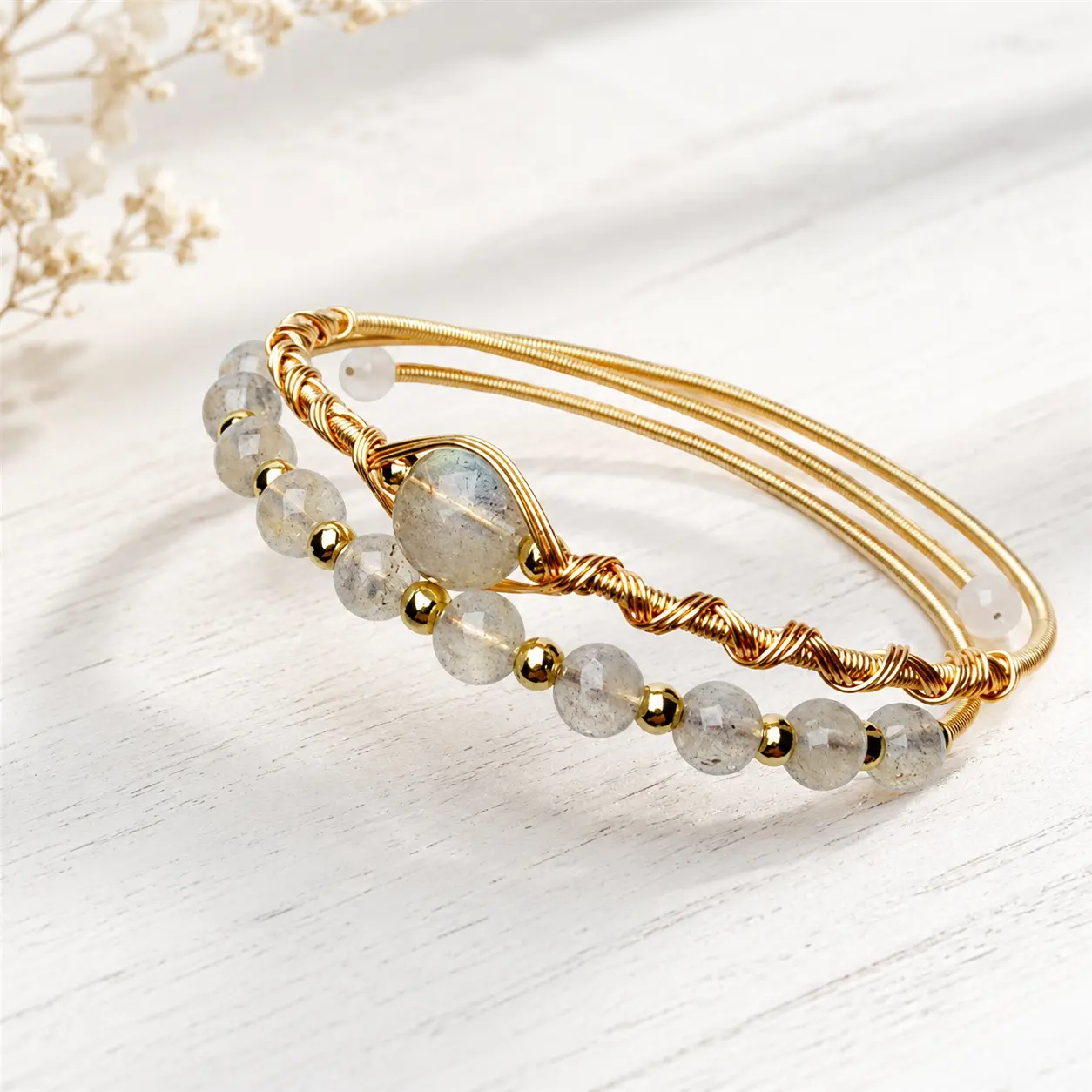 Natural Moonstone Wire Wrapped Bracelet| 14K Gold Filled Wired Bracelets| Double Layer Boho Style Jewelry, Gifts for her, Mother's Day Gift