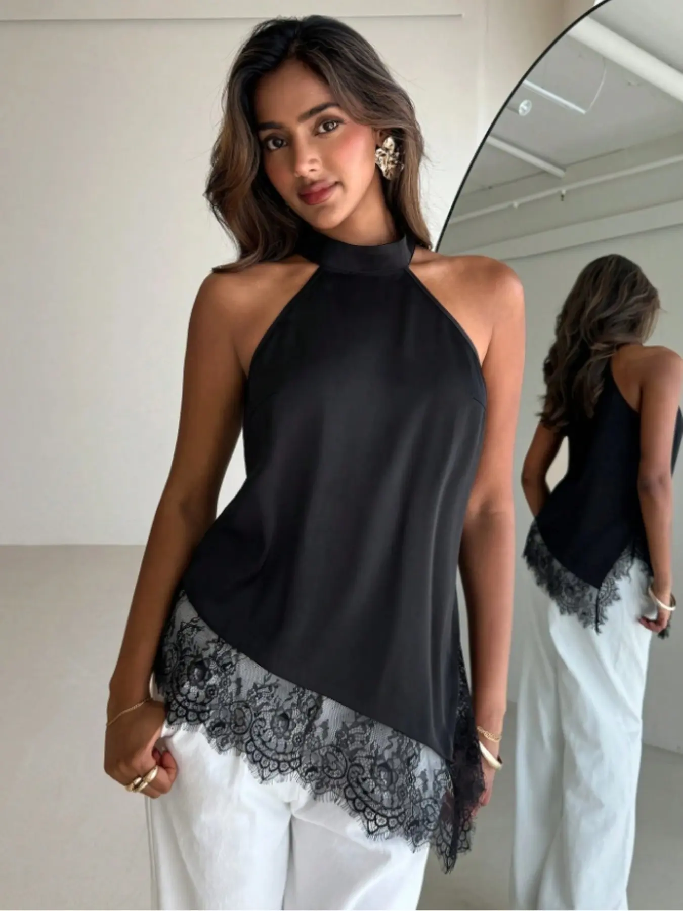 Elegant Lace Trim Satin Top for Women, Asymmetrical Hem Asymmetric Design Fashion Shirt, Sleeveless Backless Business Casual Blouse