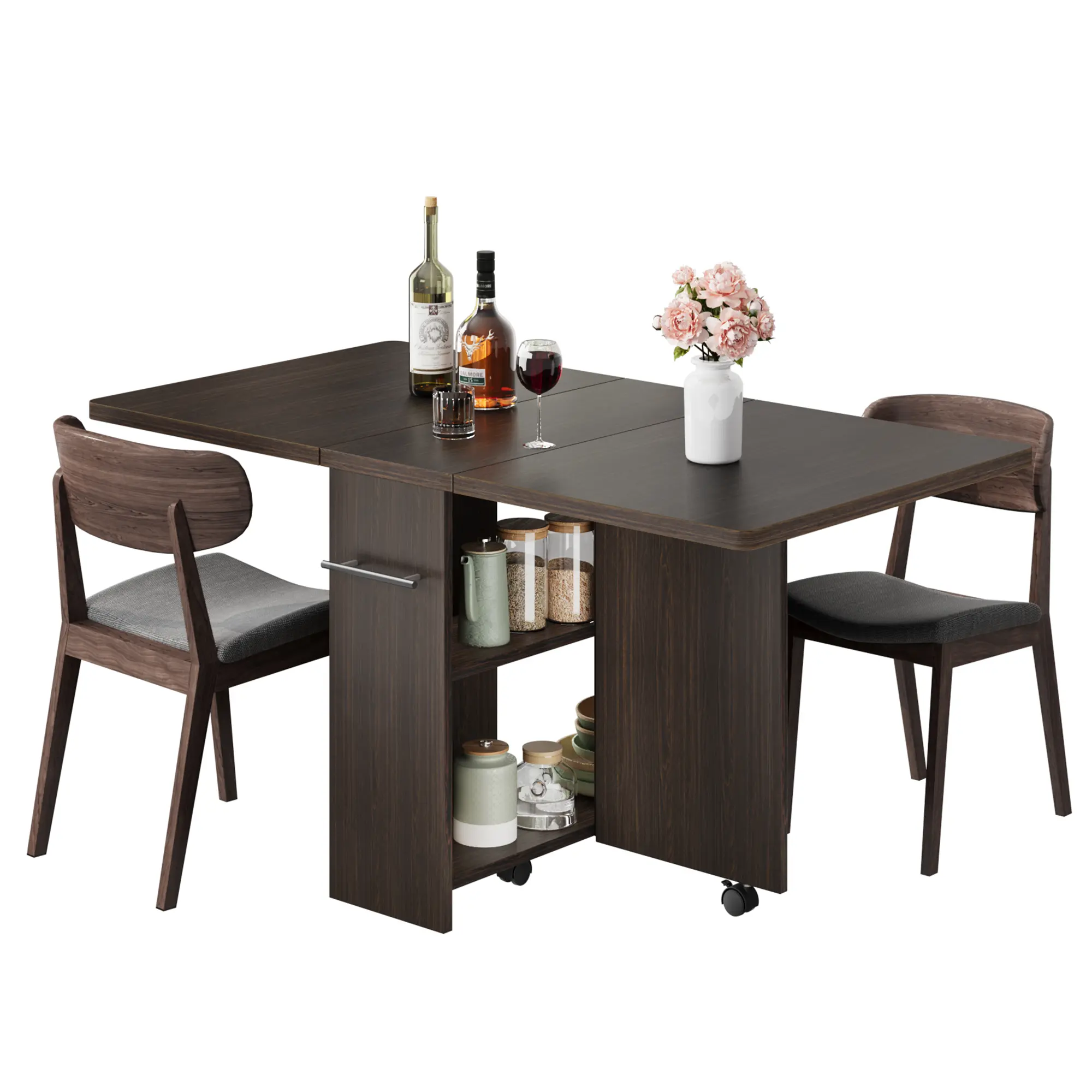 Space-Saving Folding Dining Table with Drop Leaf – 2-Tier Storage Shelf – 6 Lockable Wheels – Extendable Kitchen Table for Small Apartments – Dark Walnut