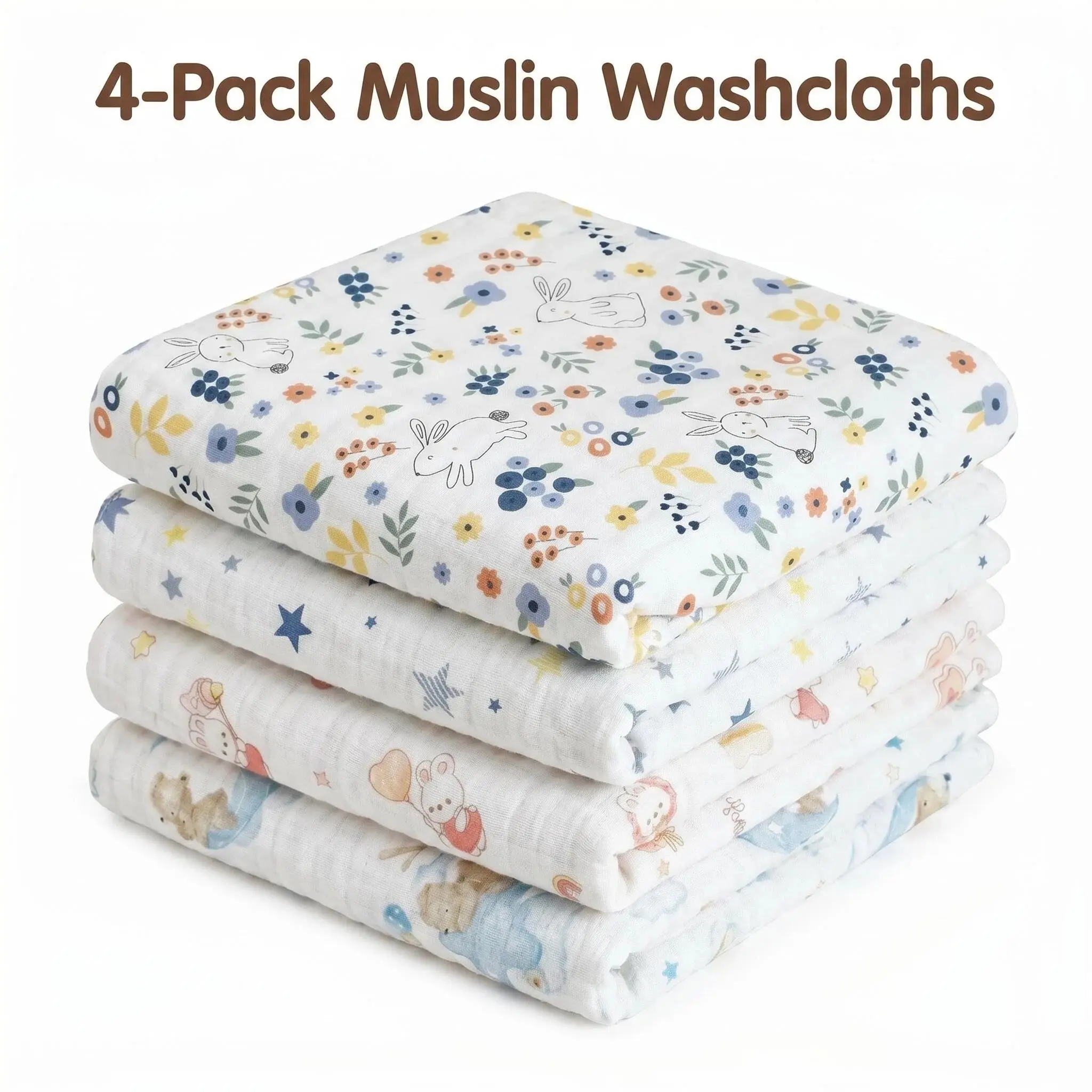 4 Pack Tdhd Baby High-Density Muslin Towels, Muslin Burp Cloths, Cartoon Print, Newborn Bibs, Highly Absorbent, Soft, Ideal for Baby Face Cleaning, Absorbent Feeding Bibs