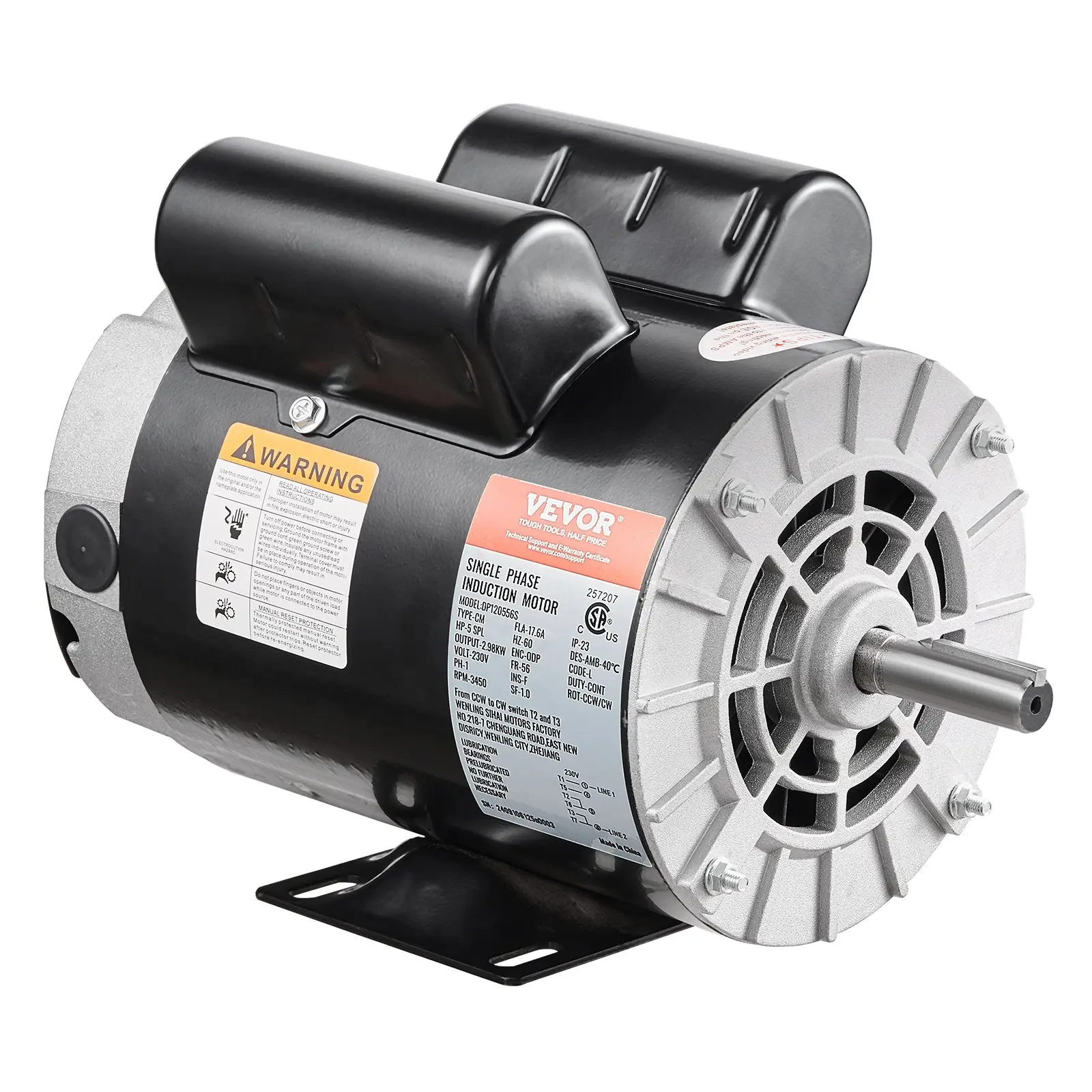 【DealsForYouDays】VEVOR 5HP SPL Air Compressor Electric Motor, 230V 17.6Amps, 56 Frame 3450RPM, 5/8" Keyed Shaft, 1.88" Shaft Length, CW/CCW Rotation (Factory Setting is CCW), Single Phase