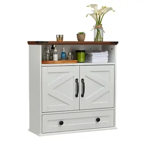 Garvee Farmhouse Bathroom Wall Cabinet with Double Barn Doors – Adjustable Shelf & Removable Drawer – 5-Tier Waterproof MDF Medicine Cabinet Over Toilet – Storage for Kitchen, Laundry, Entryway – 25x24x9 Inch