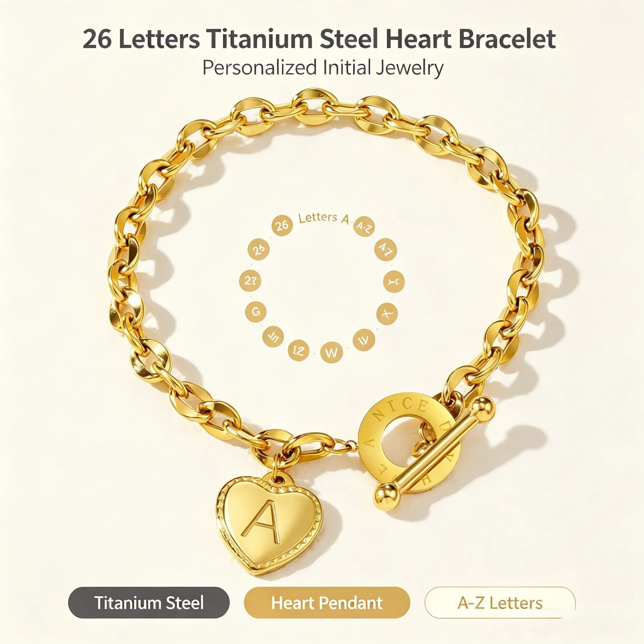 Personalized Initial Heart & Key Charm Bracelet - Fixed Size, Unisex, Durable & Lightweight, Perfect for Birthday, Graduation, Easter Gifts