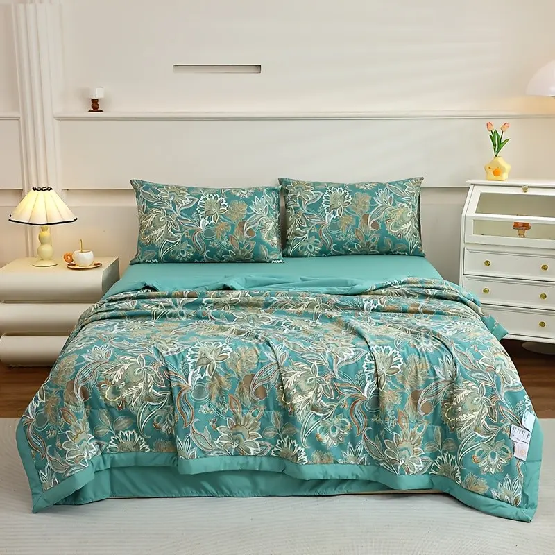 Blue Floral Vine Summer Quilt, Bohemian European Style, Soft Comfortable, Twin/double Size, Multi-Use Bedding, Boho Floral Bedding