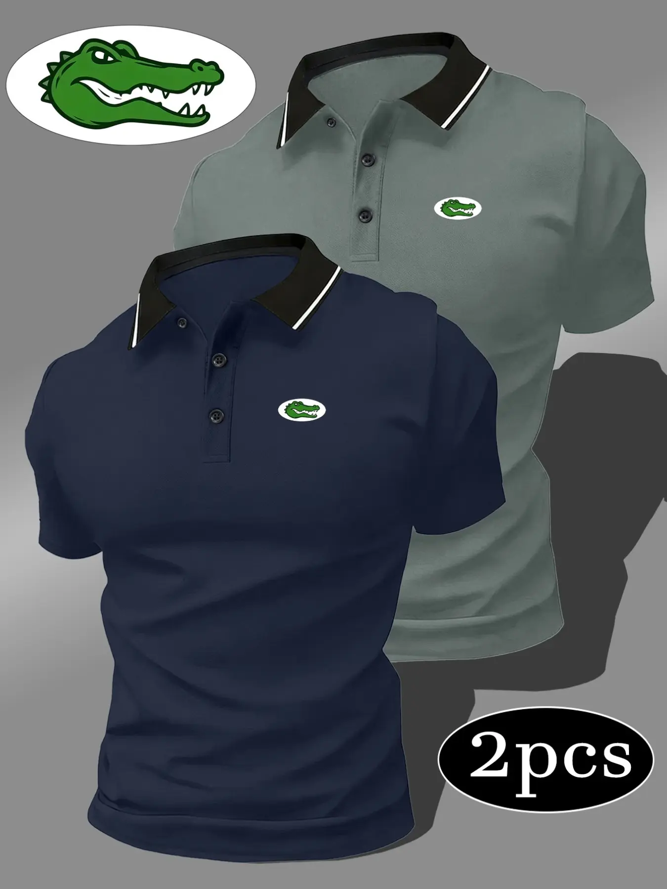 Men's Quick-Dry Polo Shirt Set, Crocodile Print, Breathable and Comfortable, Sporty Style, Short Sleeve, Fitted, Casual Fashion Top