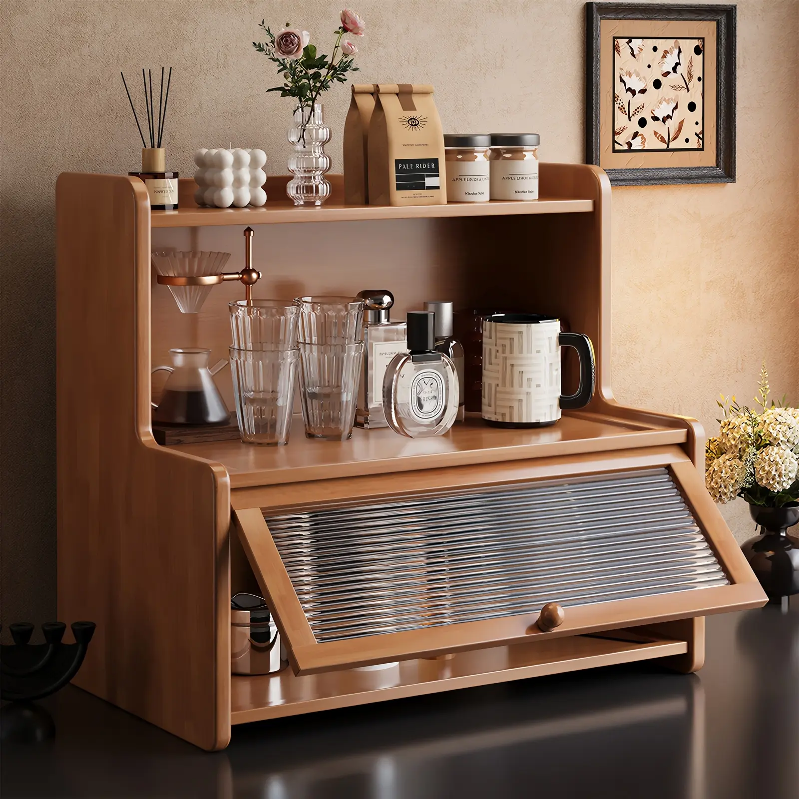 Premium Natural Wood Desktop Organizer with Fluted Glass Door, Multi-Layer Multifunctional Storage Cabinet with Doors for Coffee Bar, Makeup & Home Office