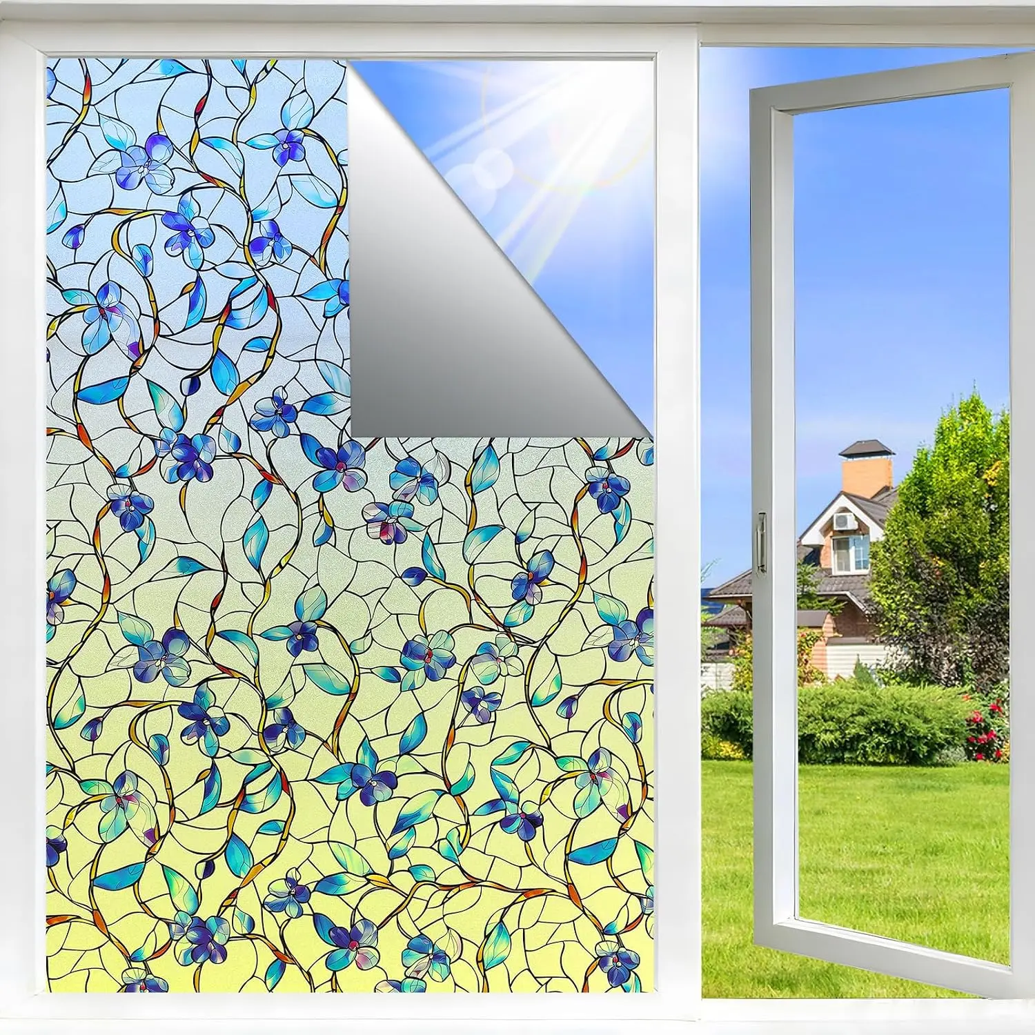 Window  Film with Tools, Day & Night , Static Cling Stained Glass Decor, Tint for  Room, Removable, , Anti-UV, Anti-Glare, Heat Blocking(Blue, 17.5Inchx78.5Inch)