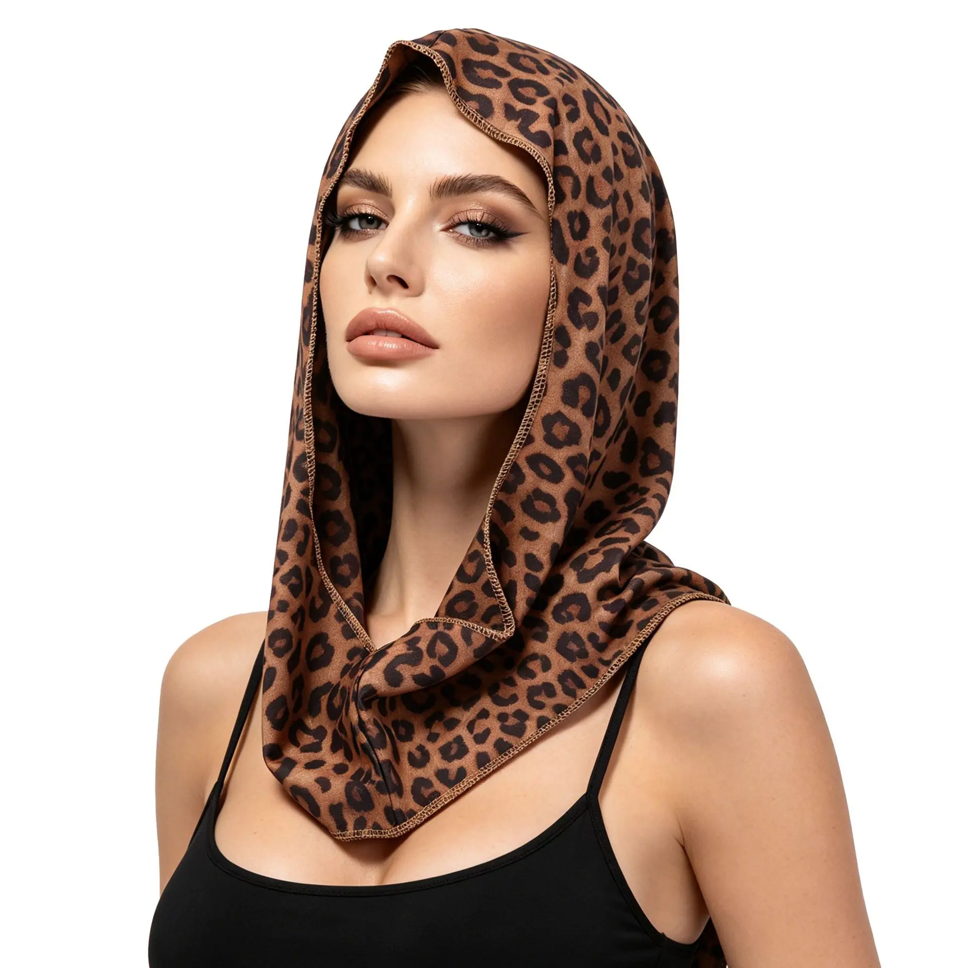 Viral Leopard Print Hooded Scarf Balaclava Cowl Neck Warmer Headwrap Soft Stretch Full Head Coverage Women Y2K Streetwear Winter Daily Wear