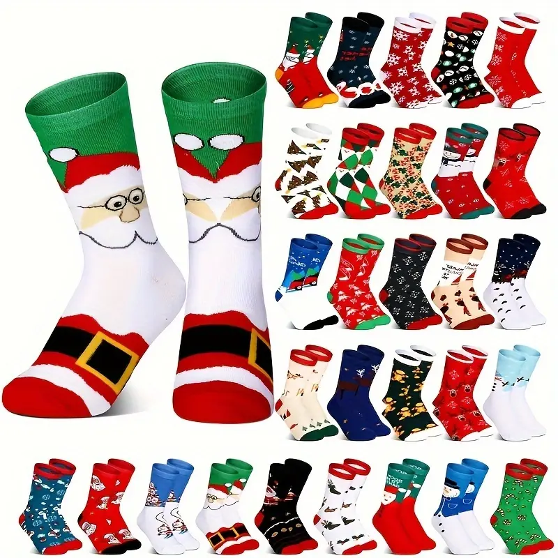 30 pairs of Christmas stockings - Pure cotton mid-calf socks for autumn and winter - 100% cotton Christmas stockings for men and women - Couple socks for lovers - Cute cartoon deer gift