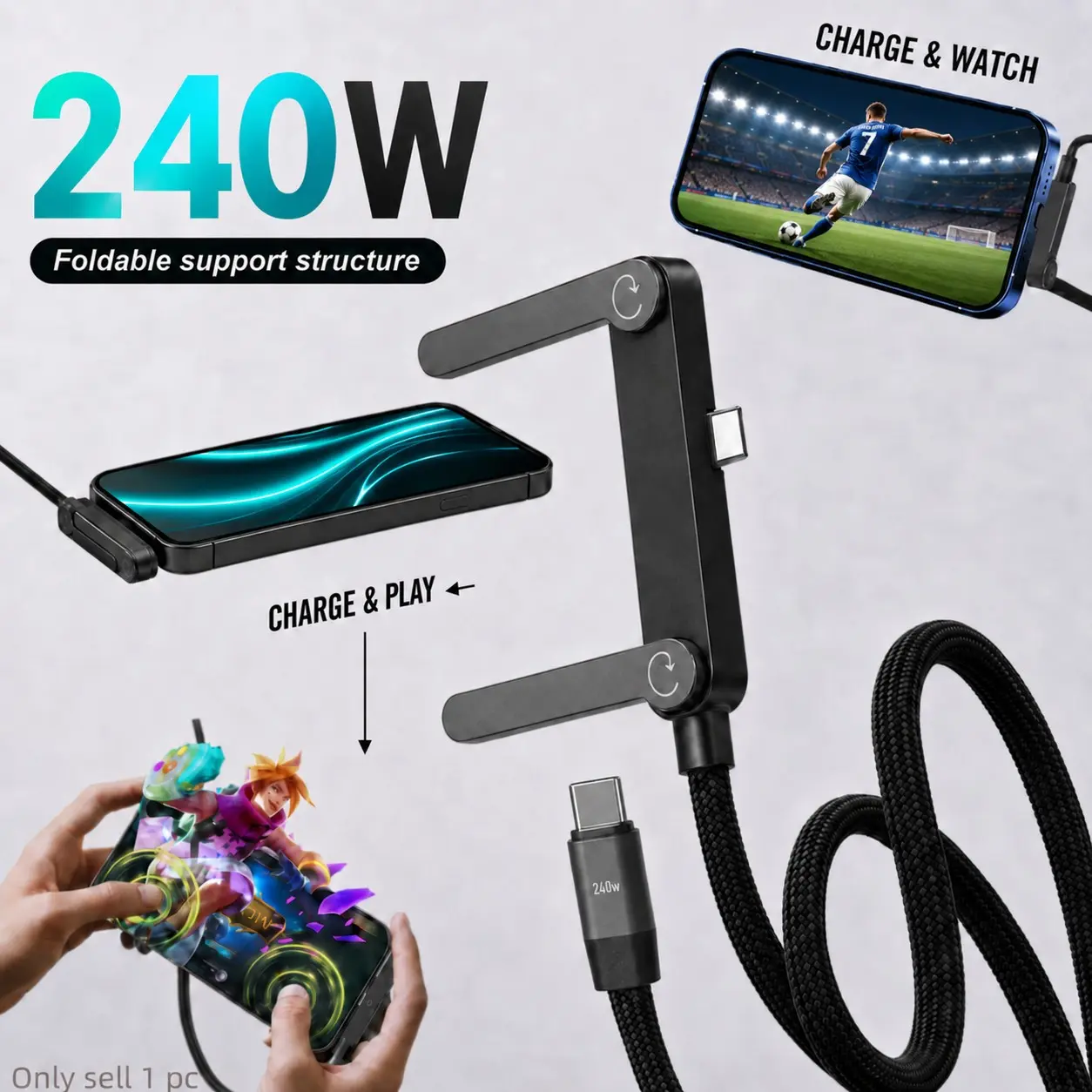 240W 2-in-1 Fast Charging Cable with Invisible Phone Stand, Foldable Type-C Charger Cord, Braided USB C to USB C Data Cable, Compatible with iPhone Samsung for Gaming, Office, Car Travel & Daily Use
