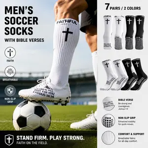 7Pairs Men's Christian Football Socks, Features Bible Verses and Cross Designs with Anti-Slip Grip, Durable Knitted Fabric for Sports Activities, Religious Themed Athletic Wear.