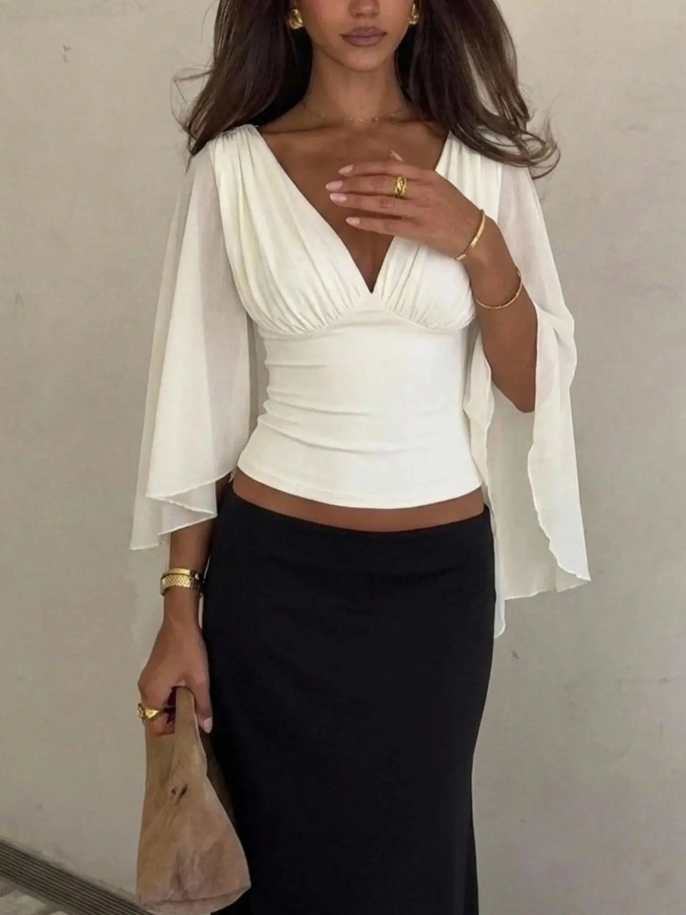 Elegant Off-Shoulder Cape Sleeve Top, Ruched V Neck Shirt, Flared Asymmetrical Design, Chic Party Dress, Y2K Fit Evening Wear