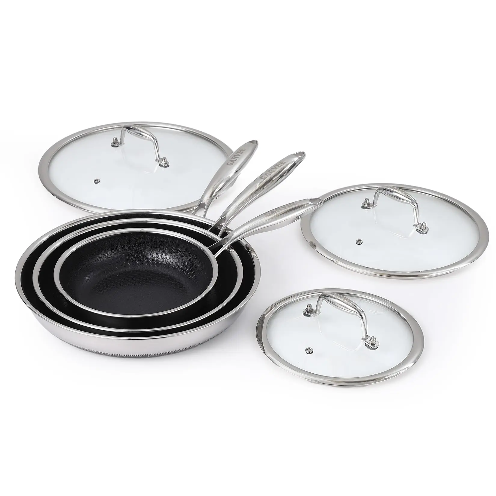 6-Piece Tri-Ply Stainless Steel Nonstick Fry Pan Set, Cookware with Tempered Glass Lids & Stay-Cool Handles, Induction Compatible, Dishwasher & Oven Safe for All Cooktops-party gift
