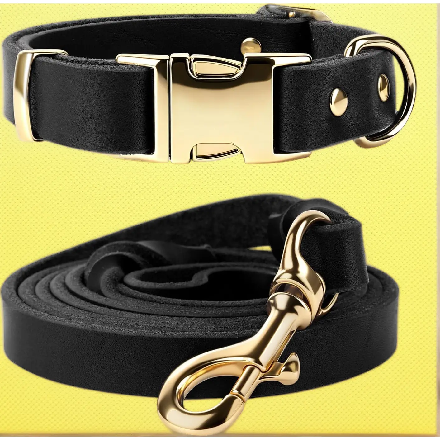 Leather Dog Collar and Leash Set, 5FT Heavy Duty Leather Training Leash with Adjustable Dog Collar, Soft and Durable Dogs Leashes and Collars Set for Small Medium Large Dogs (Black, S)