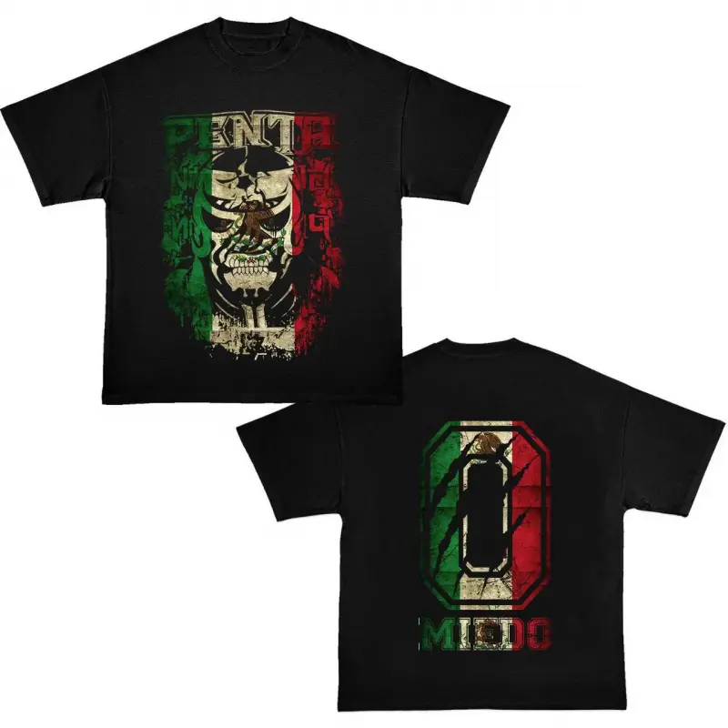 Unisex Women's Fitted Short-Sleeve Premium Cotton Graphic T-Shirt Top - Penta Jr. Mexico Flag Lucha Libre 2-Sided Iconic Design, Lucha Culture Fan Apparel, Casual Streetwear Camiseta, Summer Verano Outfit, Tshirt, Shortsleeve, Wrestling Graphic Men's Shor