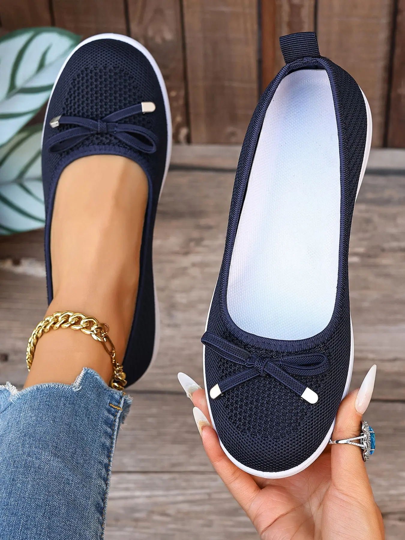Women's Ventilated Hollow Mesh Slip On Flat Trainers, Soft Flexible Non-Slip Wavy Thick Sole Bow Decor Mary Janes, All Day Comfort Walking Shoes for Long Time Standing & Daily Errands, Summer Flats