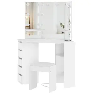 White Corner Vanity Desk with Mirror and Lights – Adjustable 3-Color Brightness, Power Outlet, and Stool – Makeup Vanity for Girls & Women