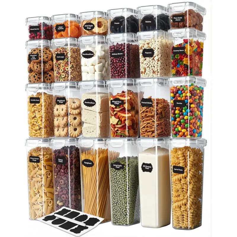 24 Pack Airtight Food Storage Containers Set | BPA-Free Clear Pantry Organization Canisters with Labels & Marker for Cereal, Pasta & Dry Food