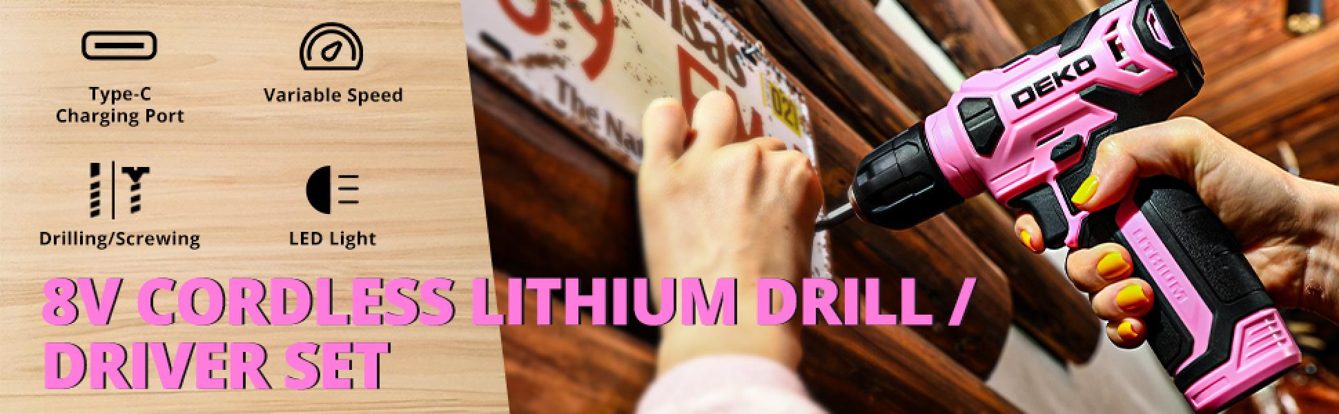 Drill Set, Home Tool Set with 8V Pink Cordless Drill, Hand Tool Kit for Women, 126 pcs