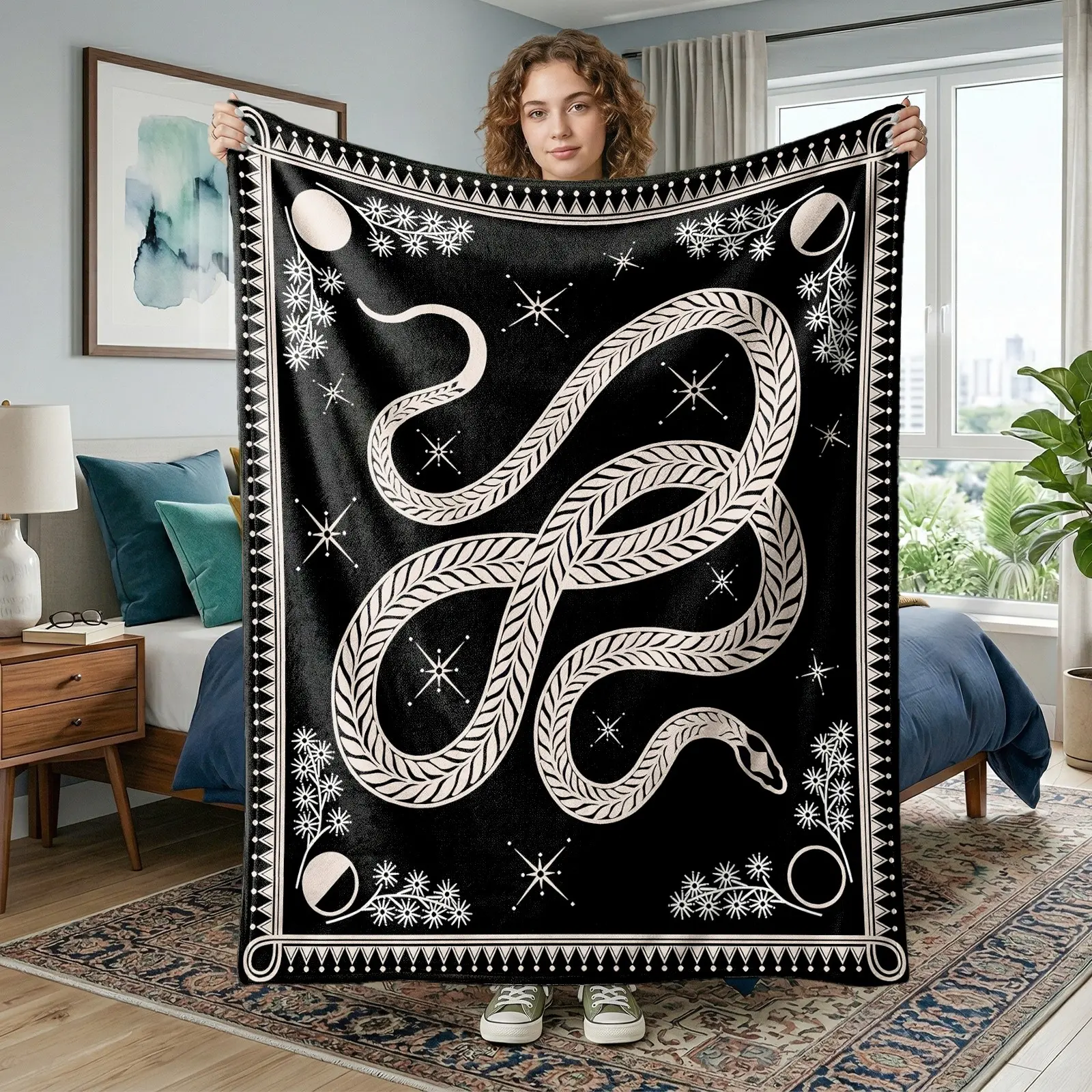 1pc Gothic Snake Flannel Fleece Throw Blanket, Black Background with Serpent Design, Moon Stars and Mystical Botanical Pattern, Dark Aesthetic Soft Cozy Warm Lightweight Blanket for Sofa Bed Office Travel Camping Halloween Birthday Gift