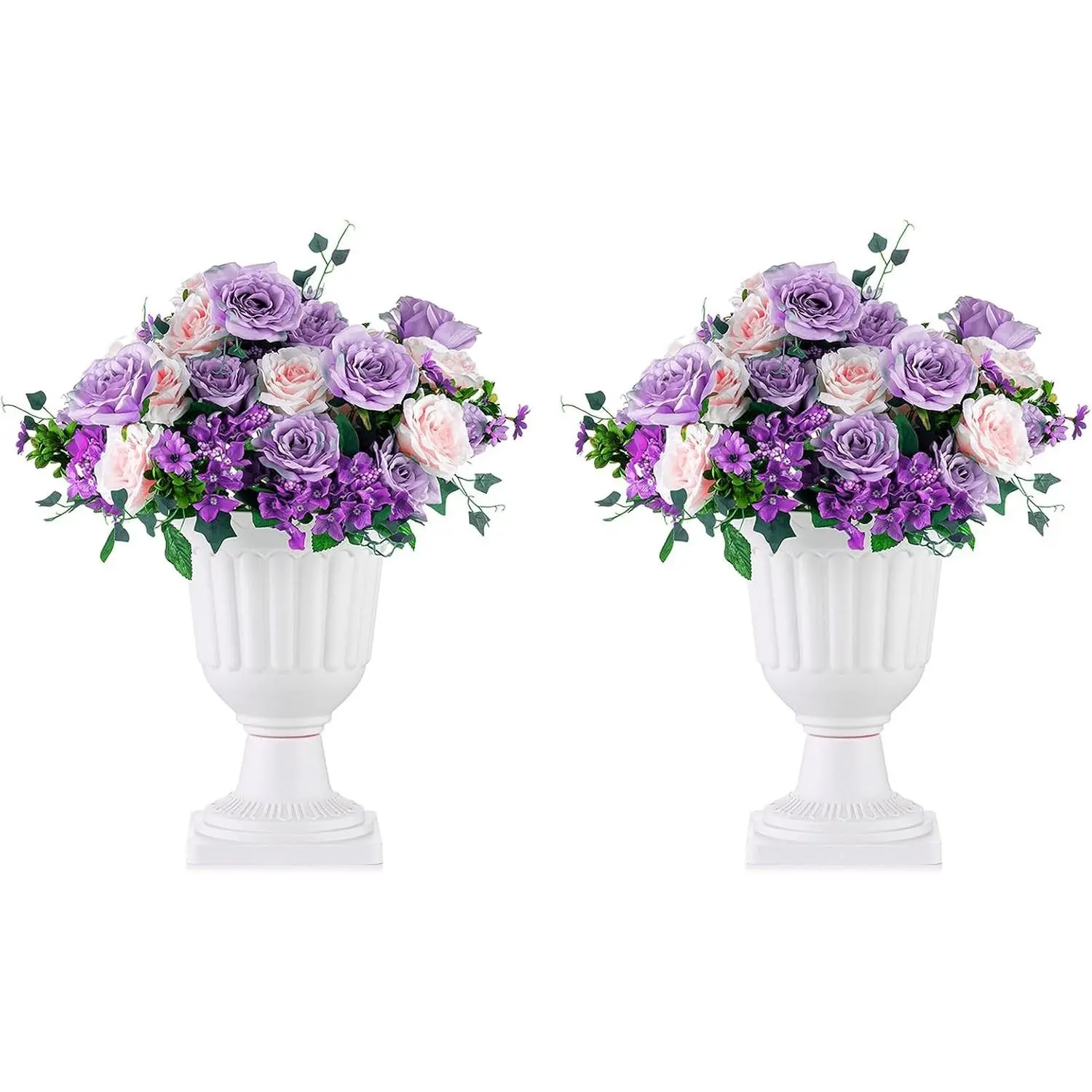 Plastic Classic Urn Planter: 13.98 Inch Pedestal Plant Pots, 2 Pcs | Tall Grecian Flower Pot for Garden, Porch, Front Door, Entryway, Balcony, White Vases for Indoor & Outdoor Decor