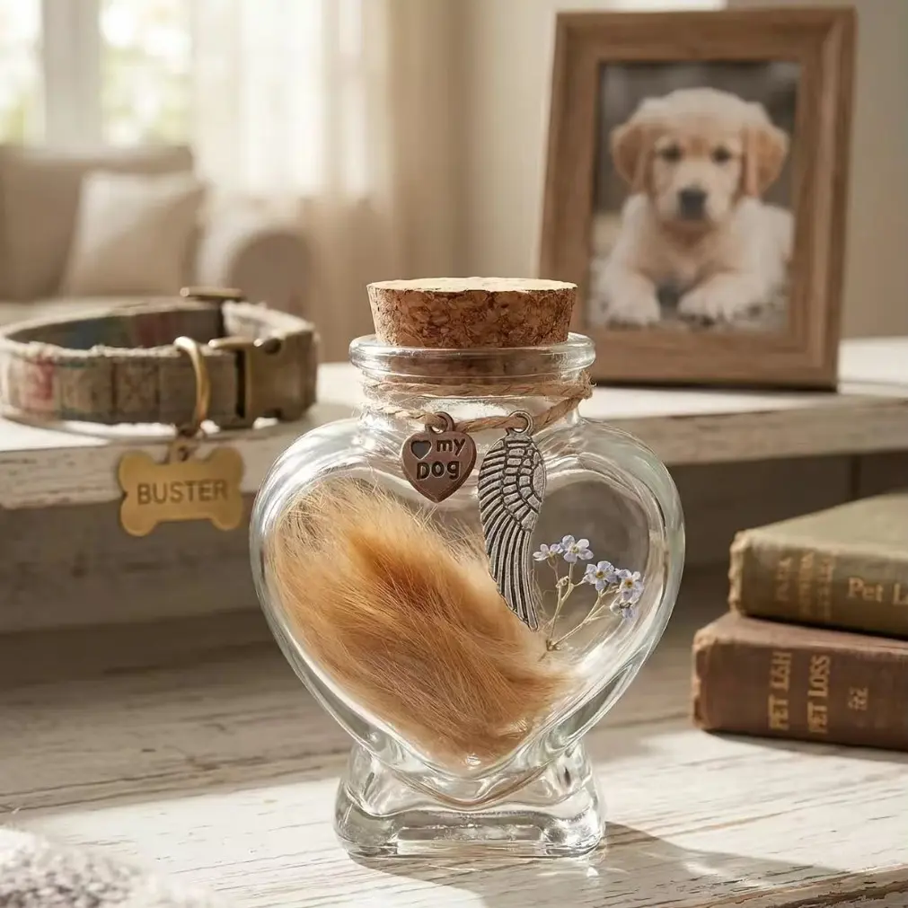 Dog Hair Memory Jar, Handmade Heart Glass Bottle with Angel Wings Pendant, Pet Memorial Ornament, Keepsake Gift for Lost Pets