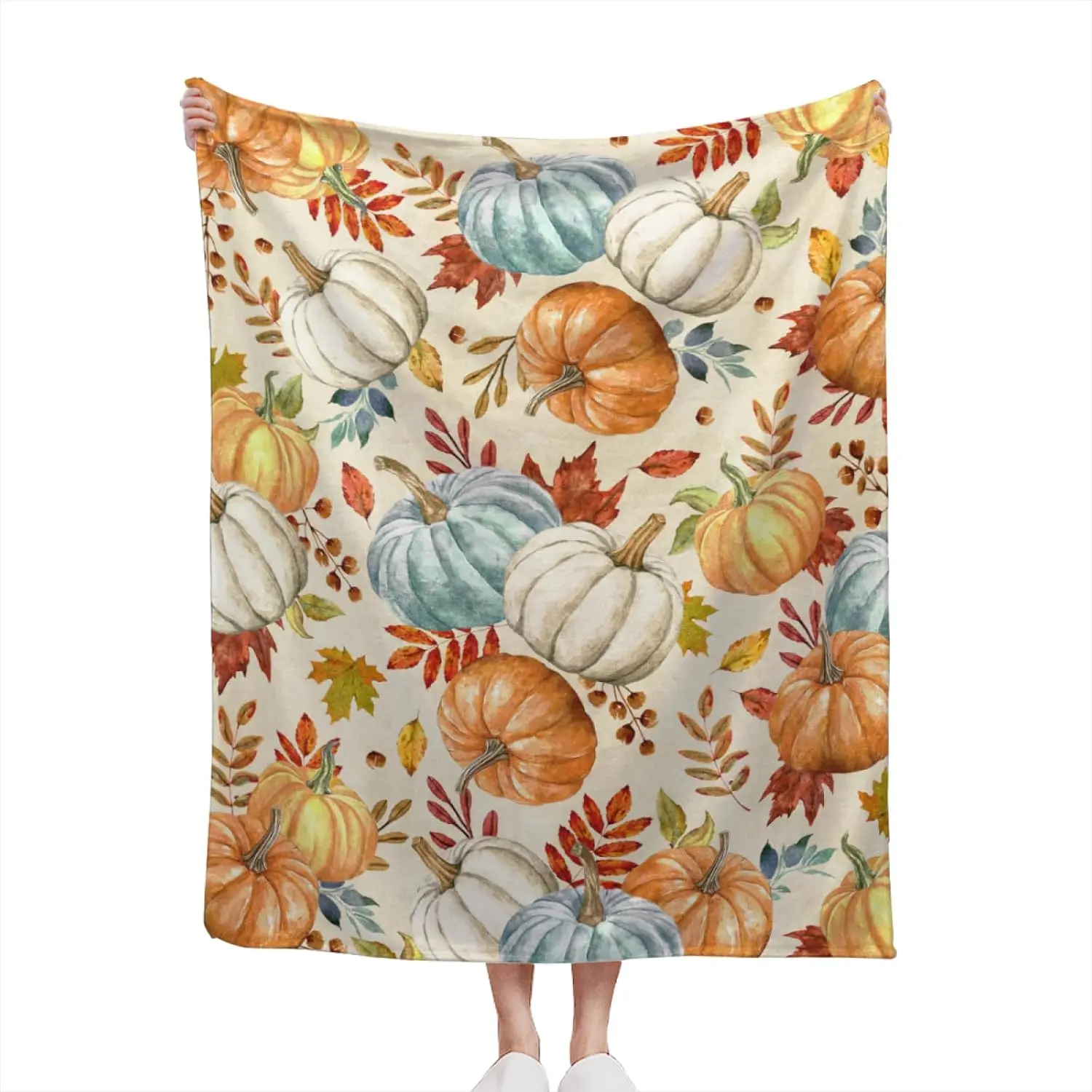 1PC Fall Pumpkin Blanket Soft Flannel Lightweight Orange White Blue Pumpkins Maple Leaves Throw Blanket Cozy Warm Thanksgiving Farmhouse Home Party Decor On Living Room Sofa Couch