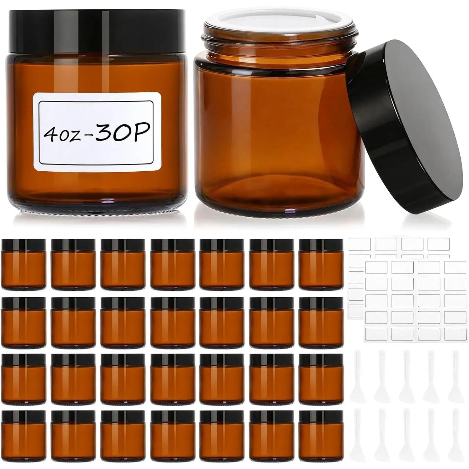 30 Pcs 4 oz Amber Glass Jars with Lids, 60 Labels & 10 Spatulas - Leakproof, UV-Protective Round Glass Containers for Essential Oils, Spices, Candle Making, DIYGift