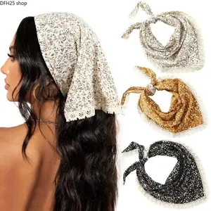 Floral Chiffon Hair Bandana Set for Women, Boho Lace Edge Head Scarf Accessory for Daily Styling, Lightweight Head Wrap Kerchief
