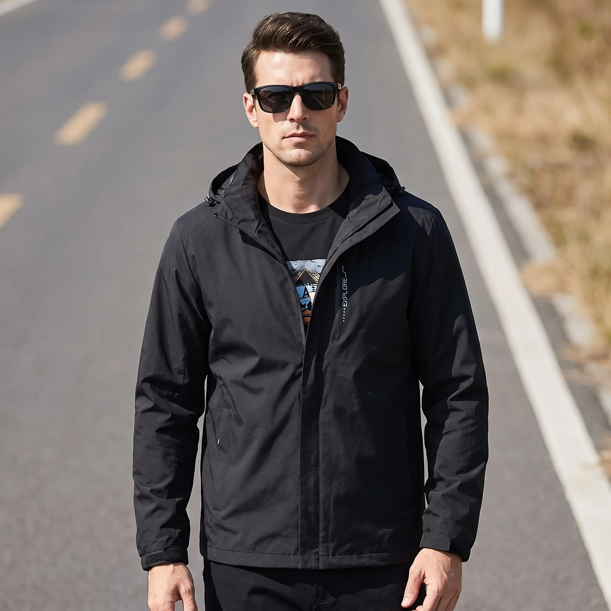 Men's Lightweight Zip-Up Hoodie Top - Adjustable Hood, Front Zipper, Long Sleeve, Waterproof Windproof Outerwear Coat for Outdoor Adventures Menswear Coat Jacket Personalized Suit Long Sleeve