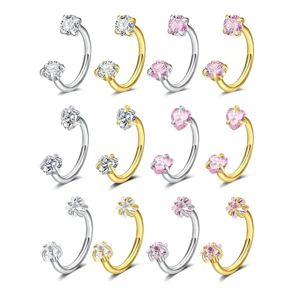 2-Pack Stainless Steel Horseshoe Nose Rings, C-Shaped Septum Piercing Jewelry with Cubic Zirconia Accent, Internally Threaded Circular Barbell for Men & Women, Everyday Casual Wear sohochic