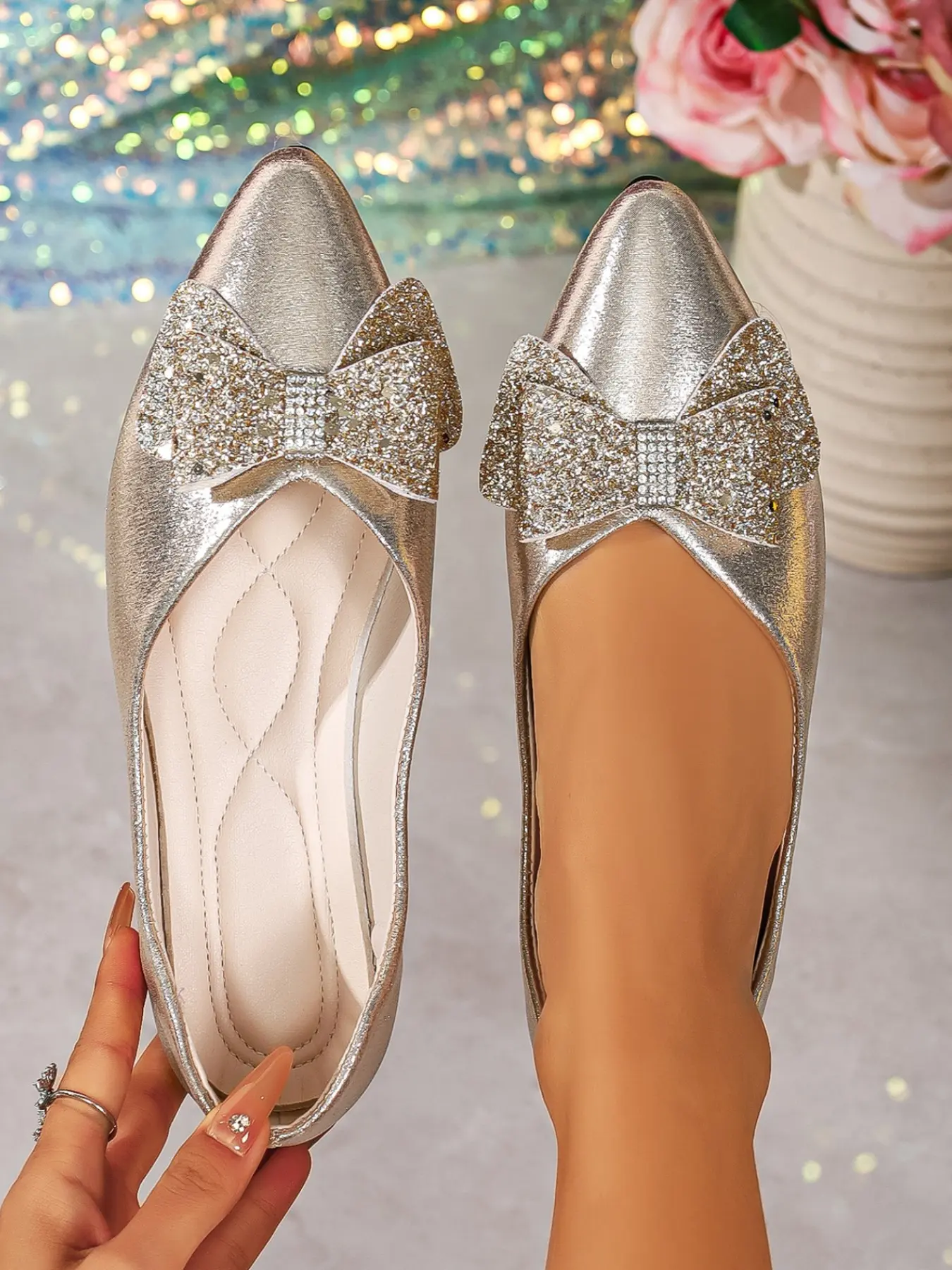 Women's Pointed Toe Rhinestone Bow Flat Shoes, Glossy Low Heel Soft Sole Slip-On, Perfect for Parties, Dates, Office Wear, Wedding Flats for Bride