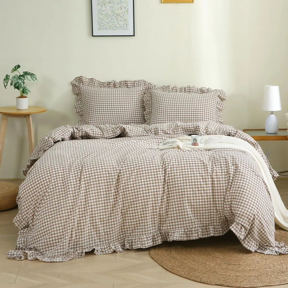 Taupe/White Plaid Gingham Ruffle Duvet Cover Set Queen Size | 100% Washed Cotton 3 Piece Vintage Checkered Chic Bedding Set Comforter Cover Set
