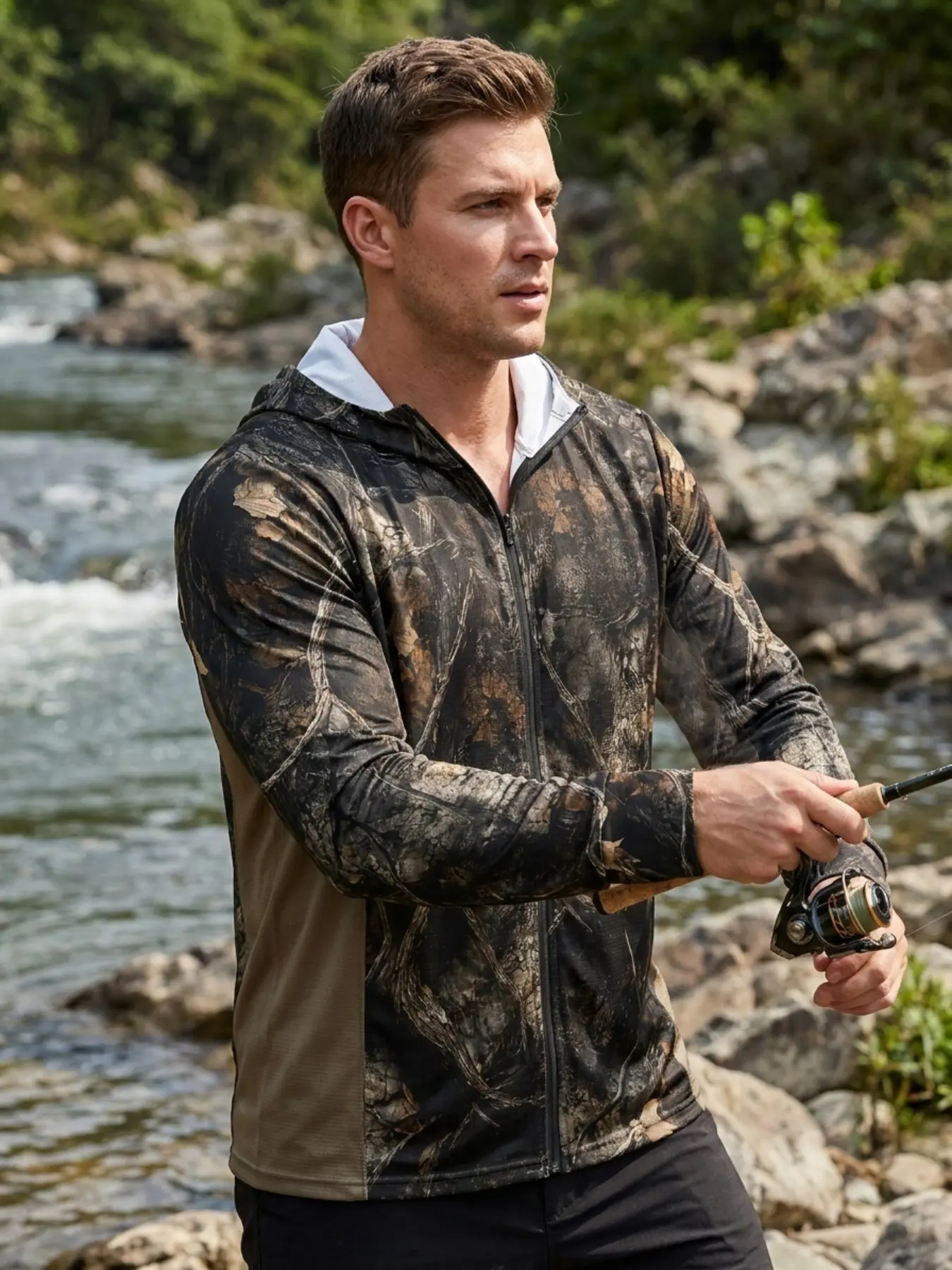 2026 Full-Zip Hooded Jacket for River Fishing, Realtree Camo Pattern, Long Sleeve, Ideal for Hiking, Camping, Daily Wear
